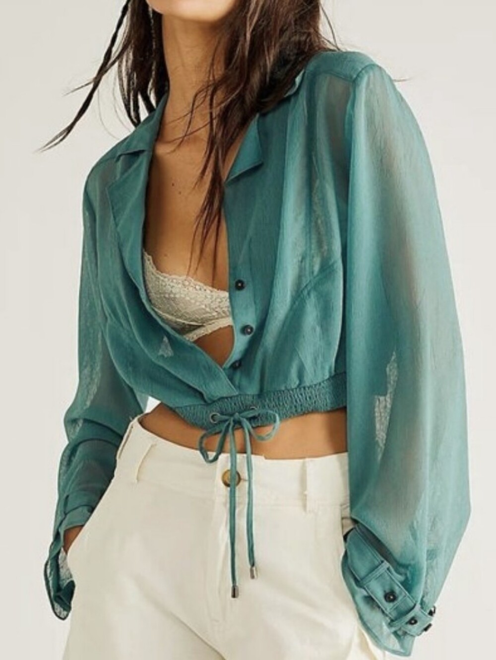 FREE PEOPLE Michelle Sheer Top M Green Long Sleeve Crop NWT MSRP $108
